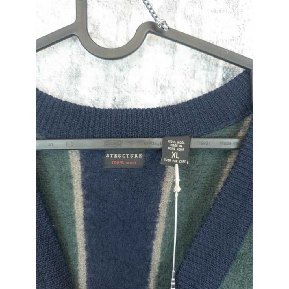 Vtg Structure Men XL 100% Wool Striped Cardigan Navy Green Grandpacore Y2K 90s - Picture 6 of 9
